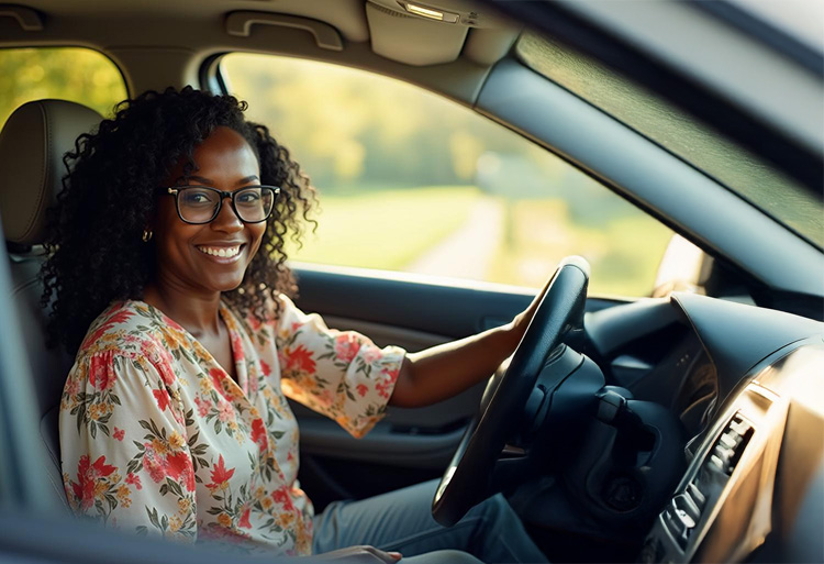 Young woman existing her car